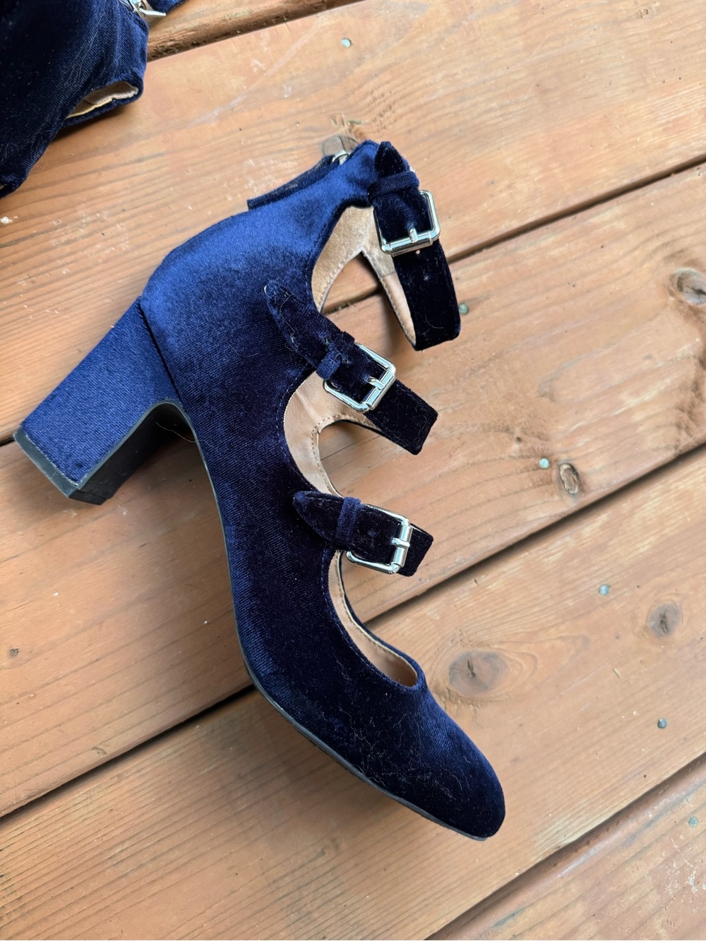 Navy Blue Velvet Strappy Block Heel Pumps